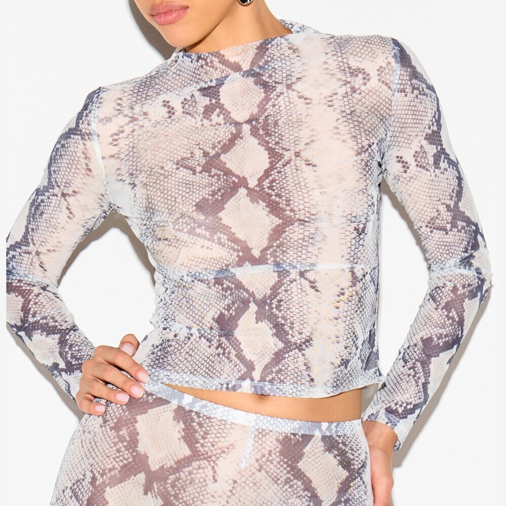 Gray Snakeskin Print Mesh Long Sleeve Crop Top